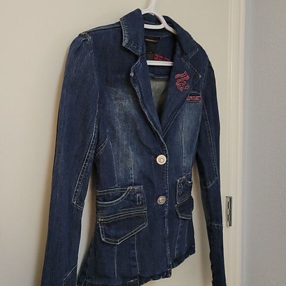 ROCAWEAR Distressed Denim Pink Bedazzled Glam Rock Jean Jacket - Picture 8 of 12